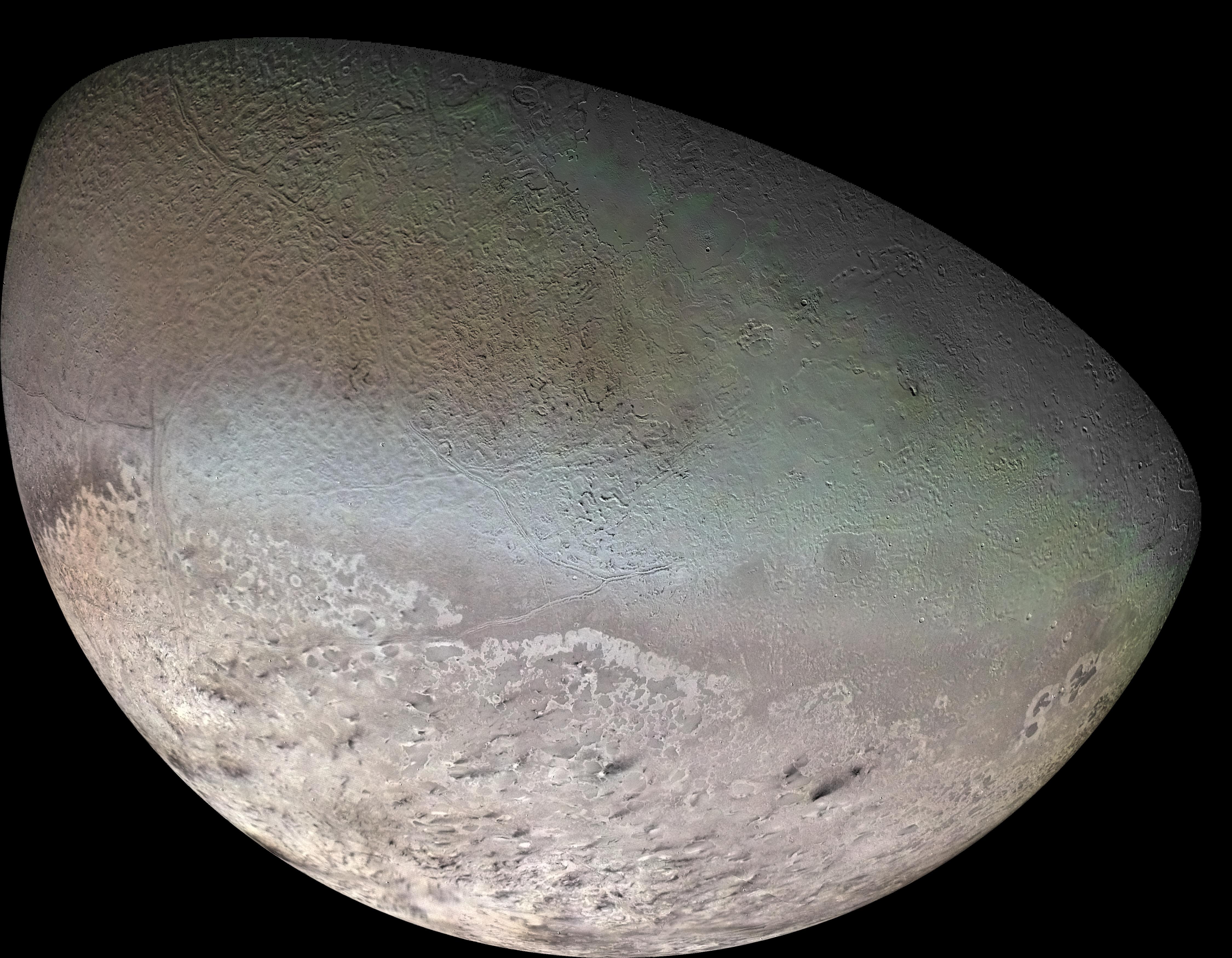 Neptune's moon Triton imaged by Voyager 2, showing its pinkish south polar cap and cantaloupe terrain