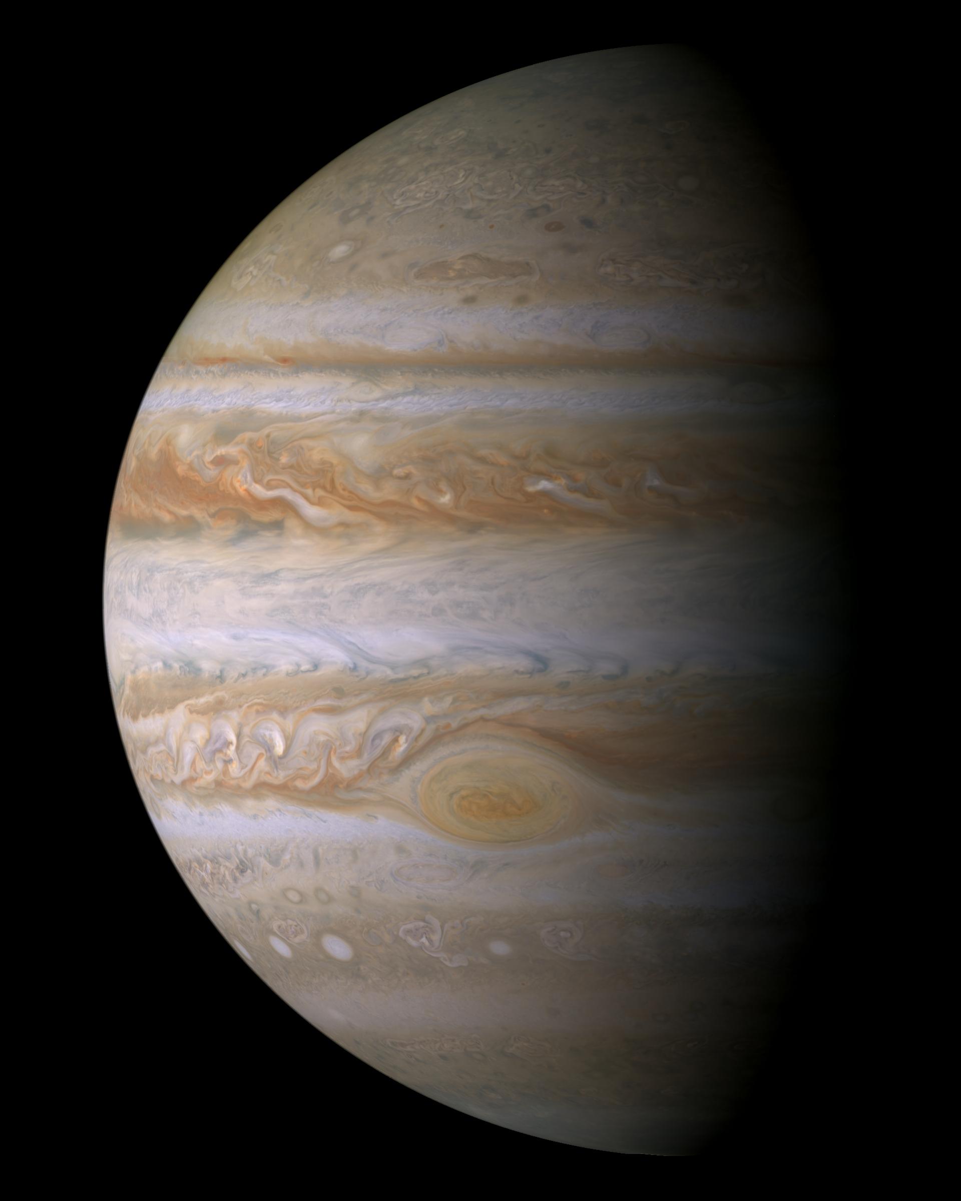 Jupiter in true color from NASA's Cassini spacecraft, showing banded clouds and the Great Red Spot