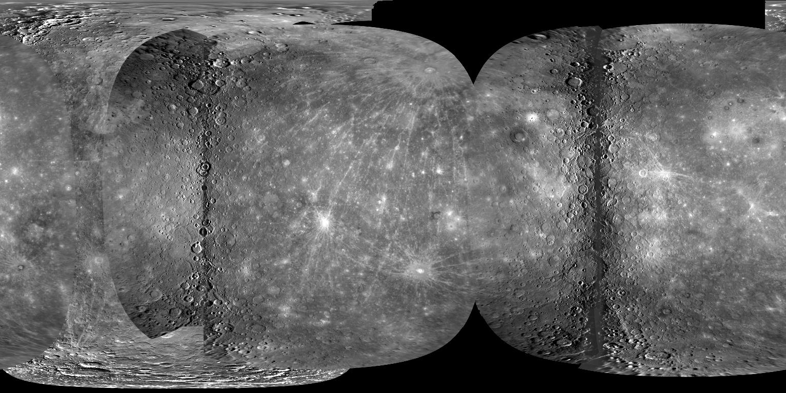 Global mosaic of Mercury from NASA's MESSENGER spacecraft, showing a heavily cratered grey surface