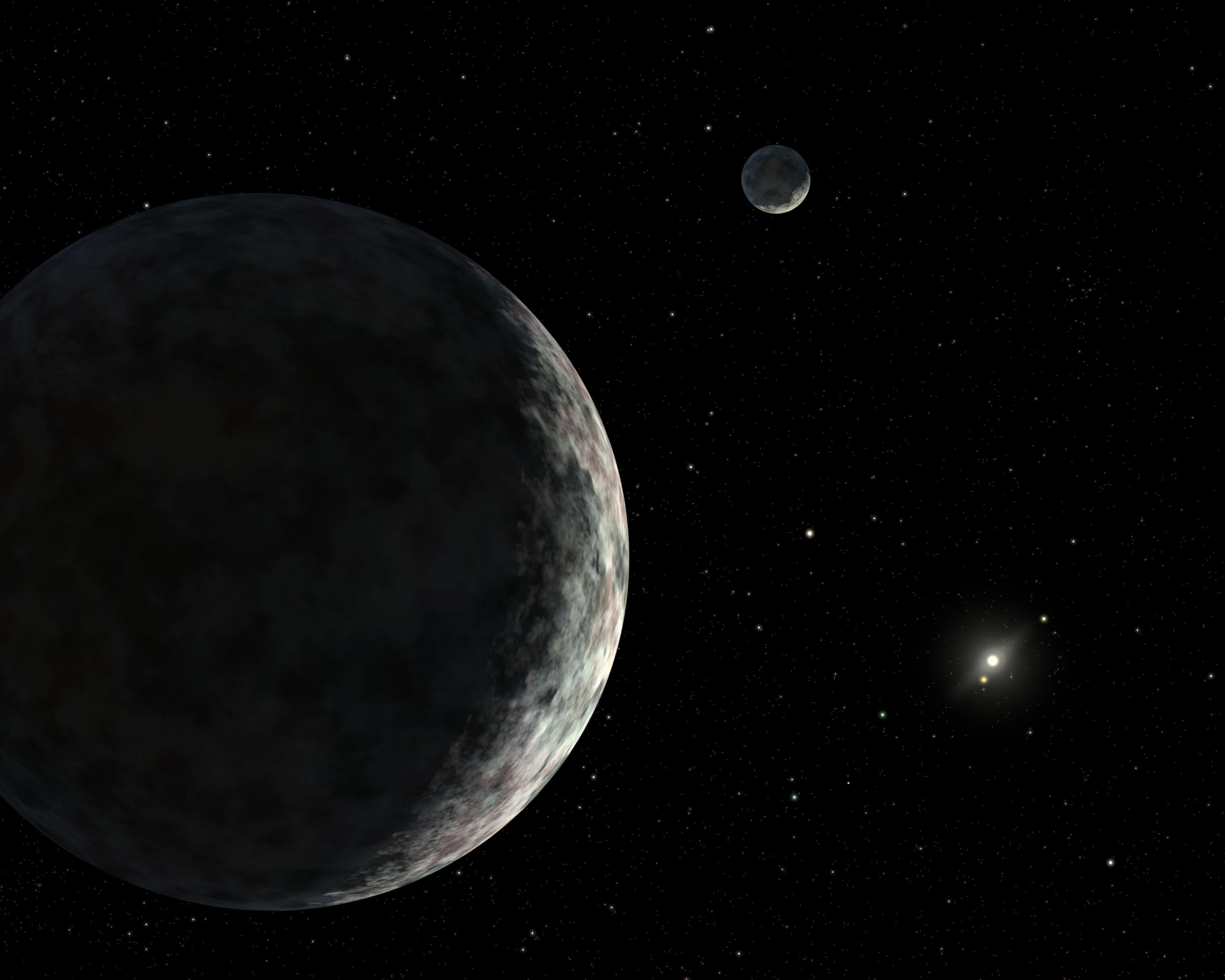 Artist's concept of the dwarf planet Eris, a bright icy world, with its small moon Dysnomia and the distant Sun
