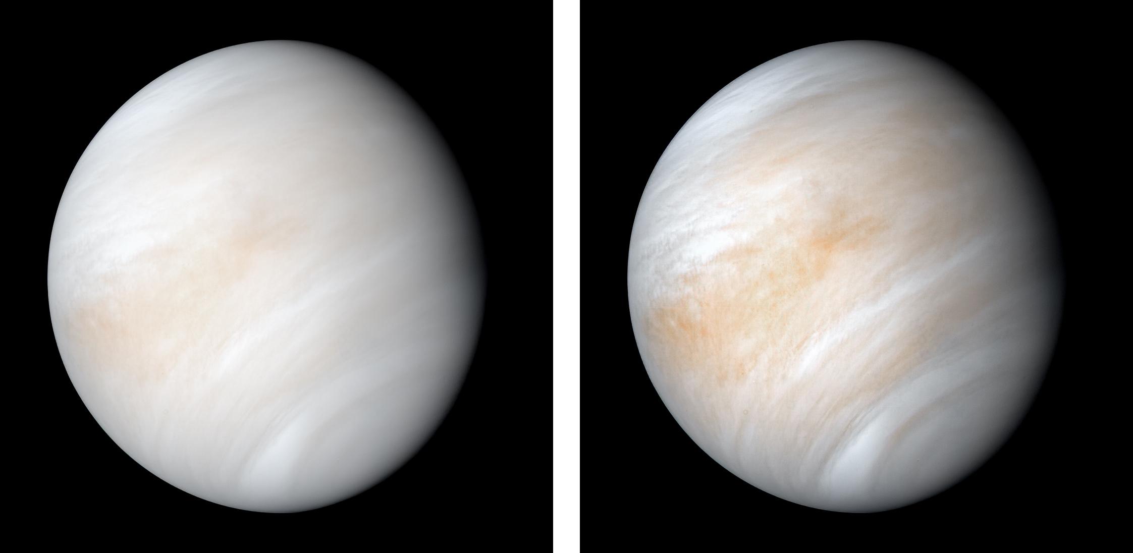 Venus wrapped in a featureless, pale global cloud layer, imaged by Mariner 10