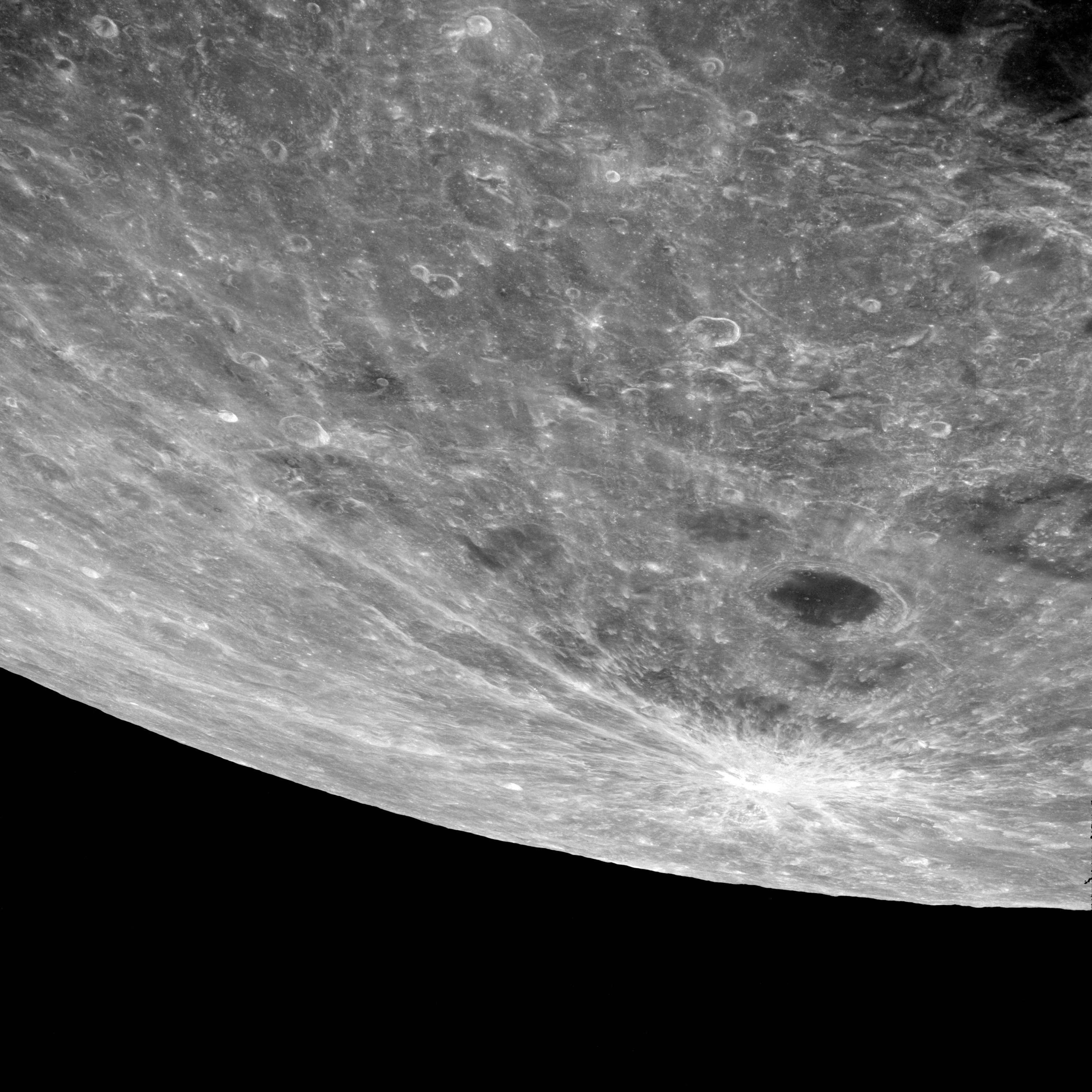 Apollo 8 view of the Moon's heavily cratered far side surface during lunar orbit.