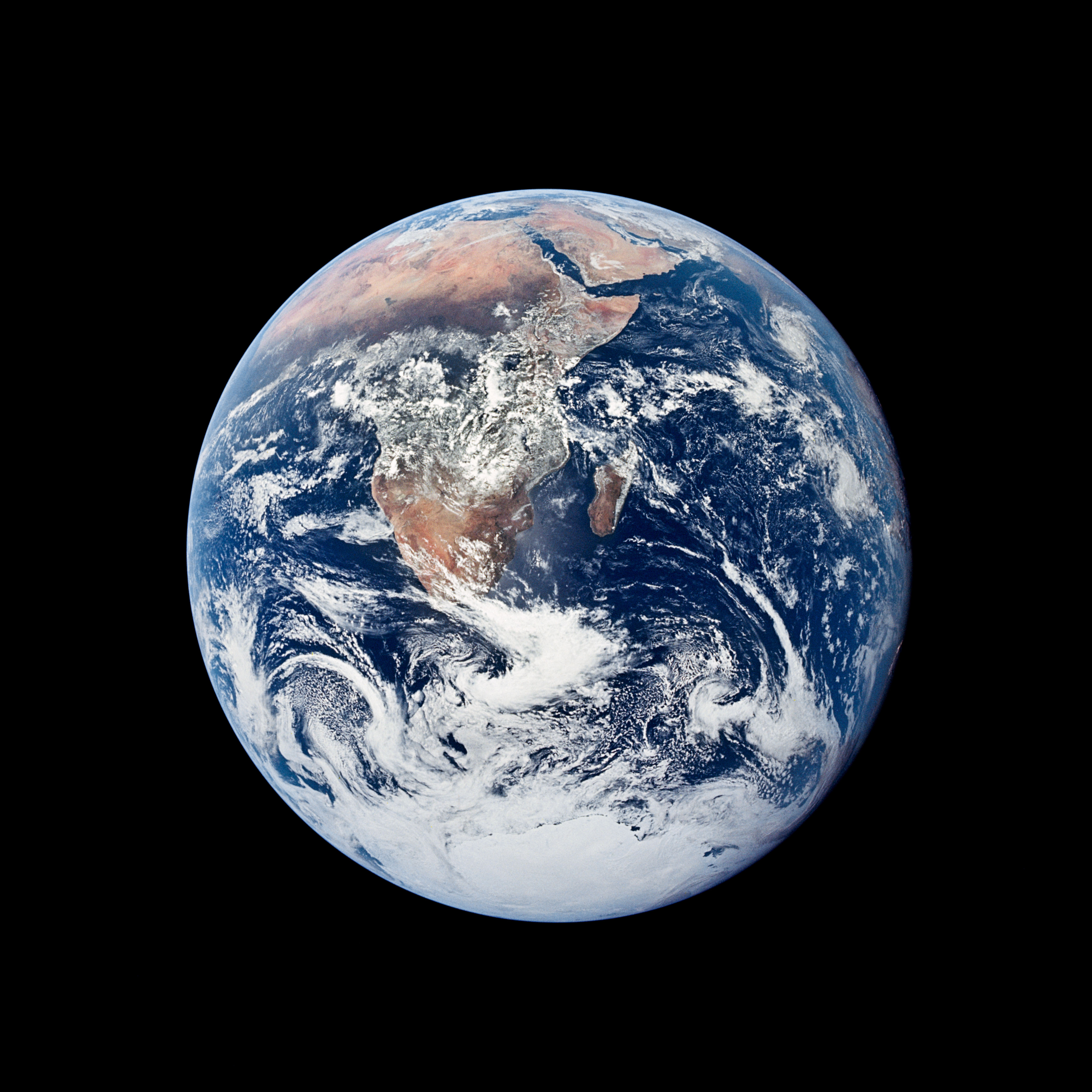 Apollo 17 Blue Marble — full Earth photographed from 29,000 km on December 7, 1972, showing Africa, the Arabian Peninsula, and Antarctica.
