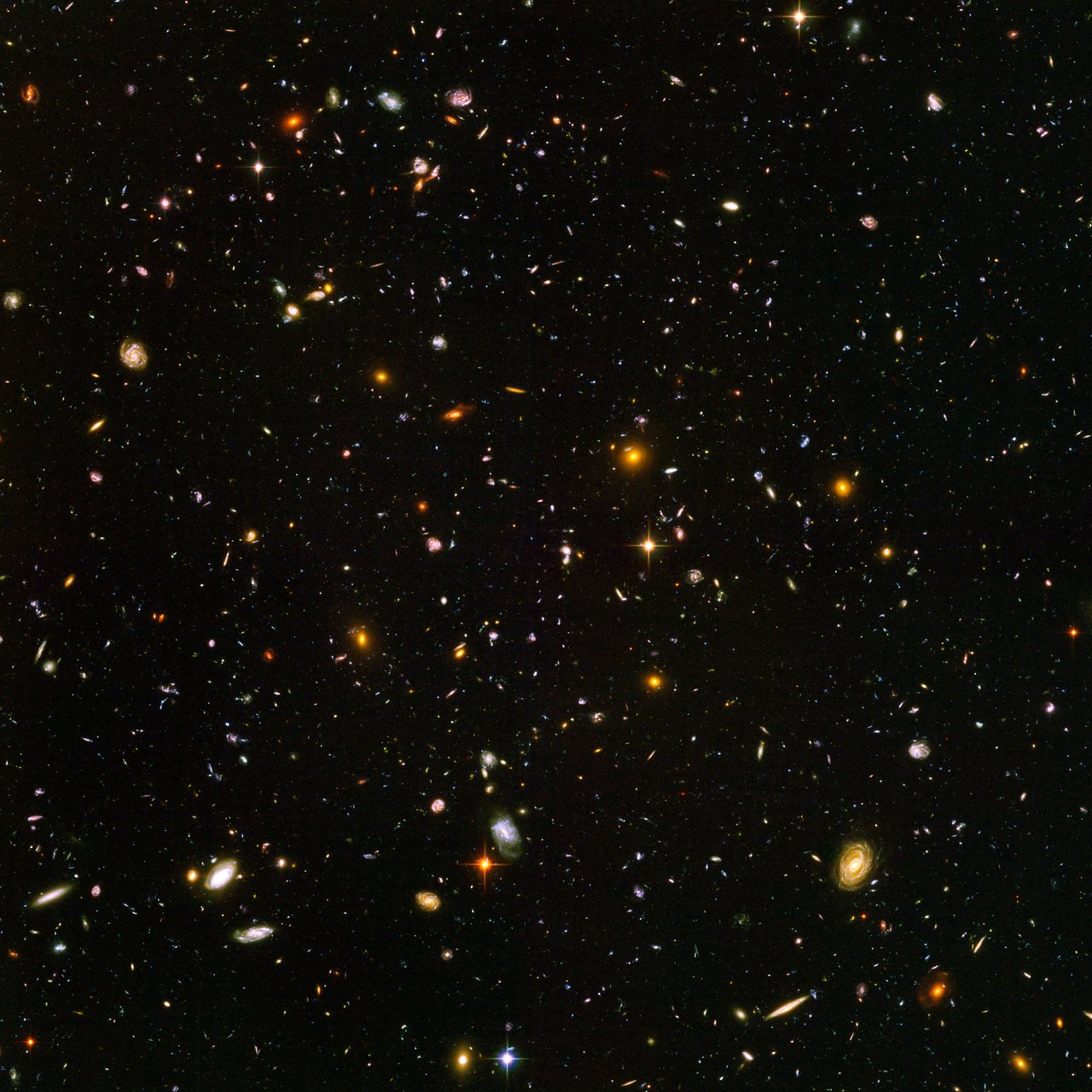 The Hubble Ultra Deep Field, showing nearly 10,000 galaxies in a tiny patch of sky, many of them seen as they were in the early universe