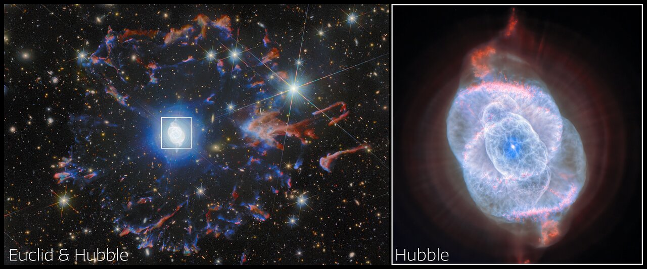 Combined Hubble and Euclid view of the Cat's Eye Nebula NGC 6543 showing the bright complex inner shells surrounded by fainter outer rings.