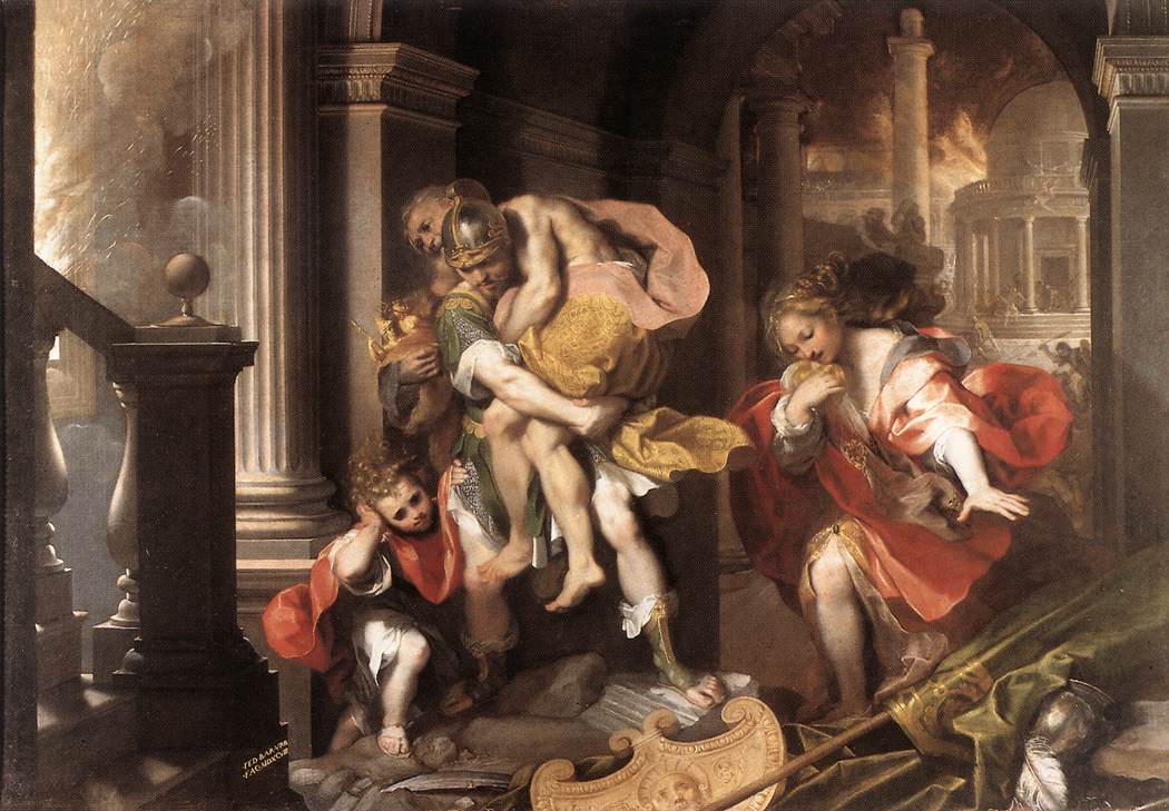 Aeneas fleeing burning Troy carrying his father Anchises