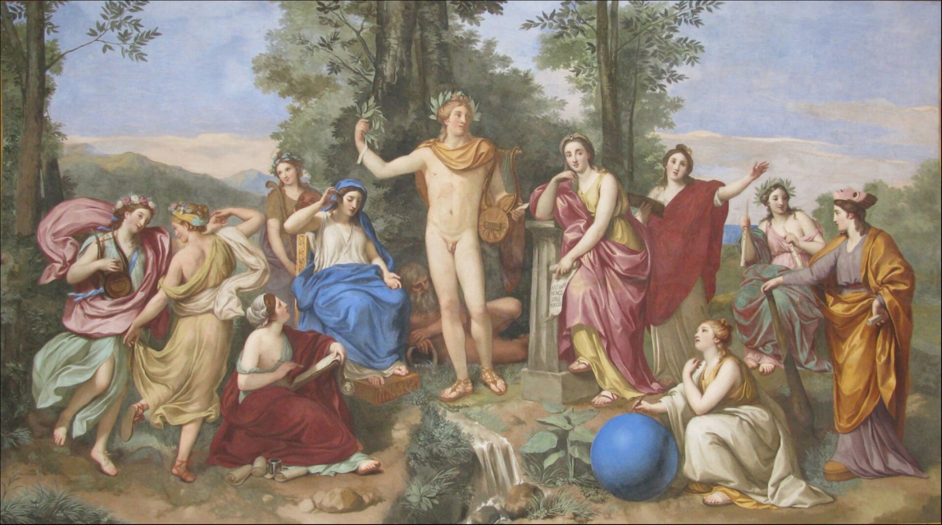 Apollo with his lyre among the Muses on Mount Parnassus
