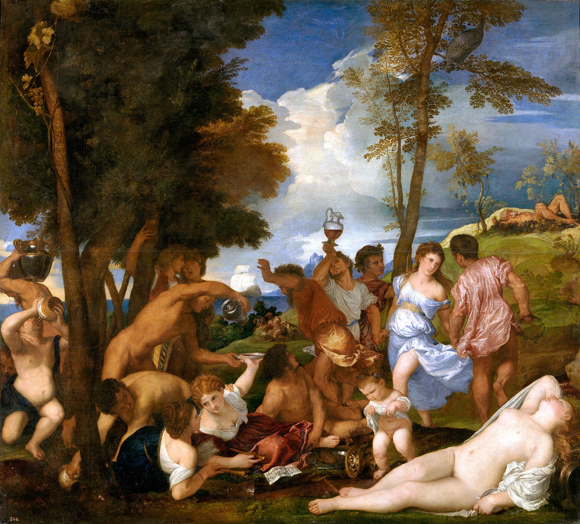 The Bacchanal of the Andrians, revellers beside a stream running with wine