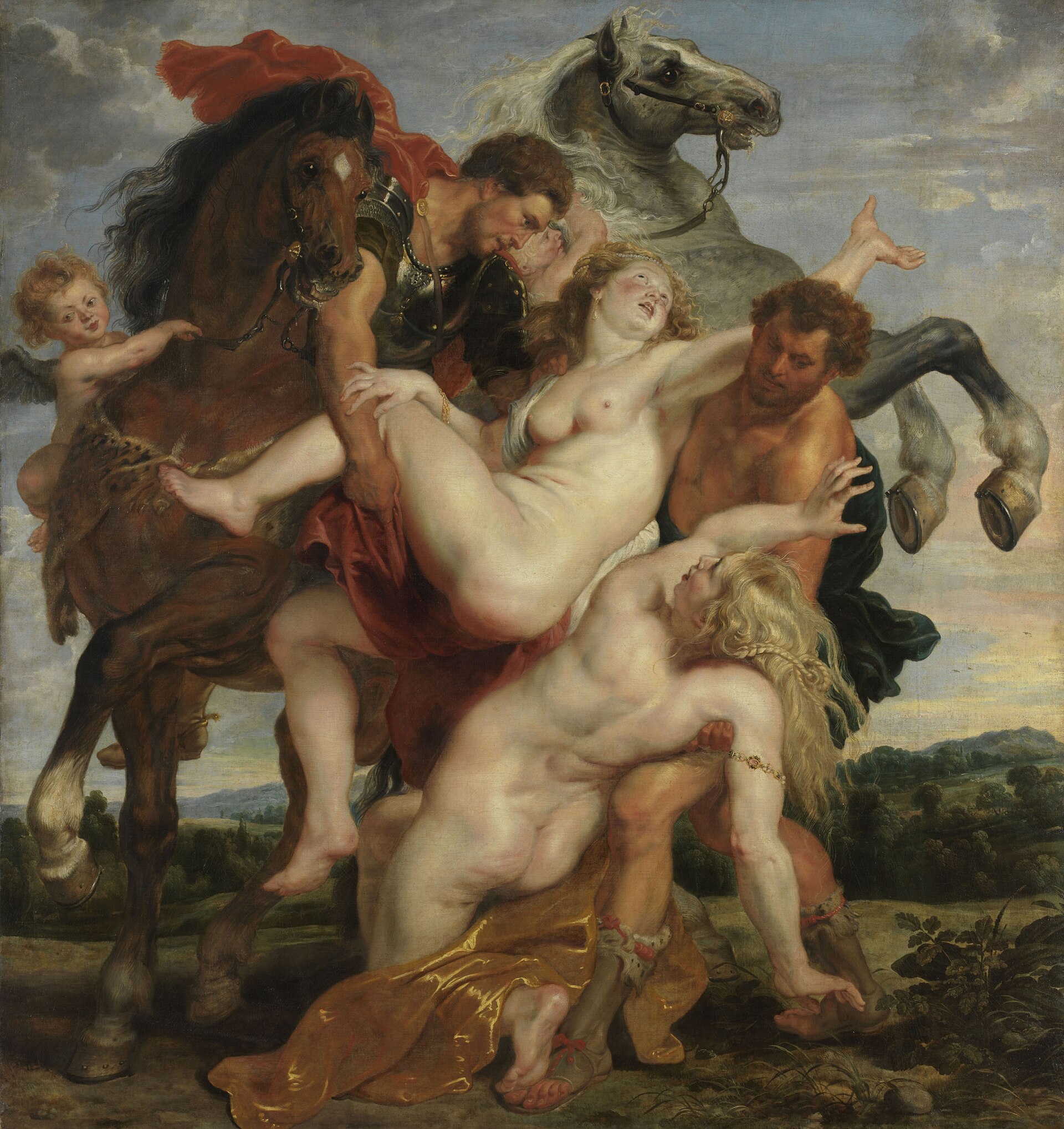 Castor and Pollux with their horses seizing the daughters of Leucippus