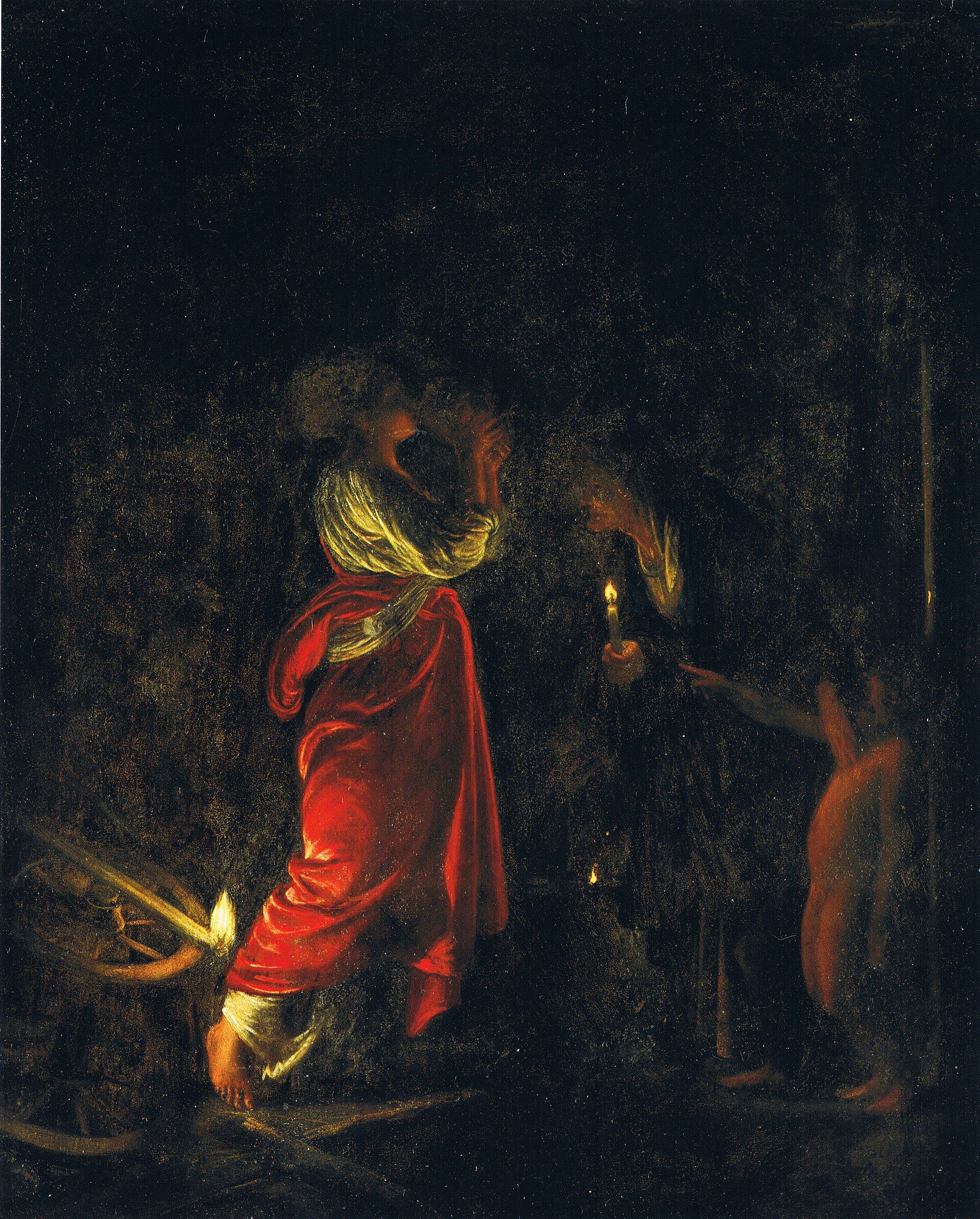 Ceres drinking at a cottage door by torchlight while a boy mocks her