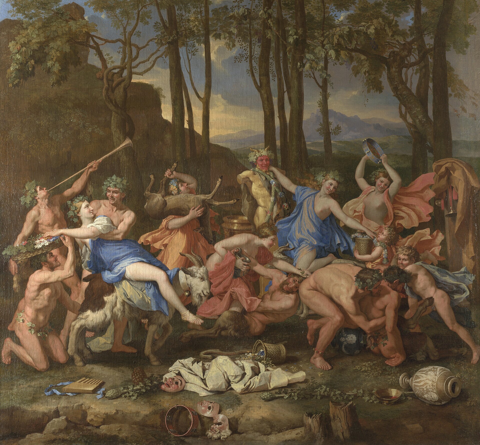 Revellers dancing before the herm of Pan in a wooded grove