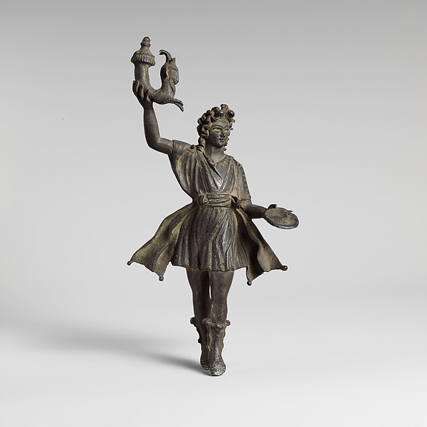 Bronze statuette of a dancing Lar with drinking horn and libation dish