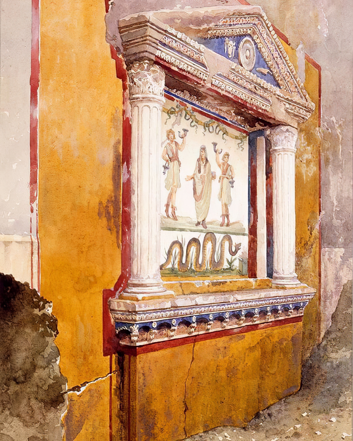 Painted lararium with dancing Lares and household serpent, watercolor