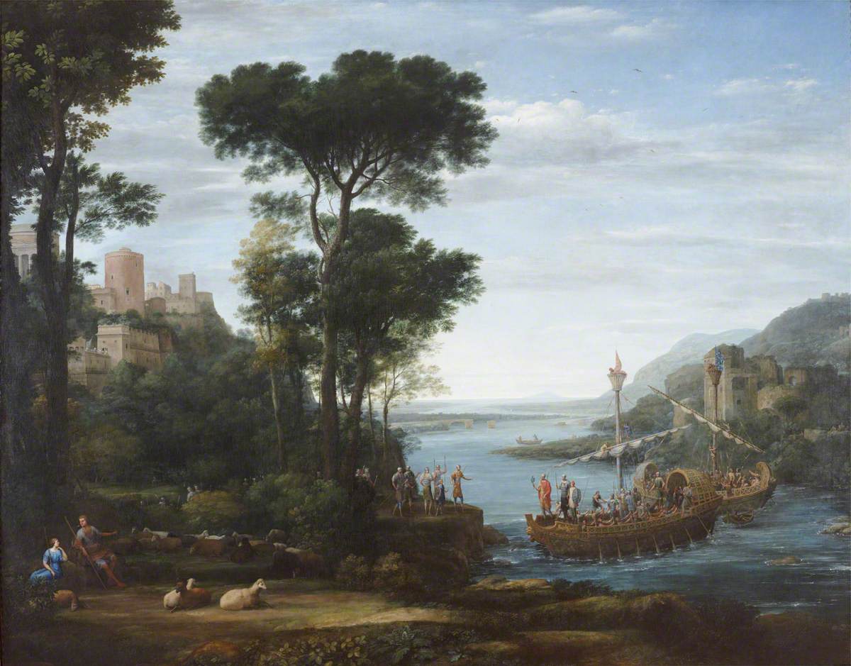 Aeneas’ galley arriving at Pallanteum on the Tiber, Evander’s settlement on the shore