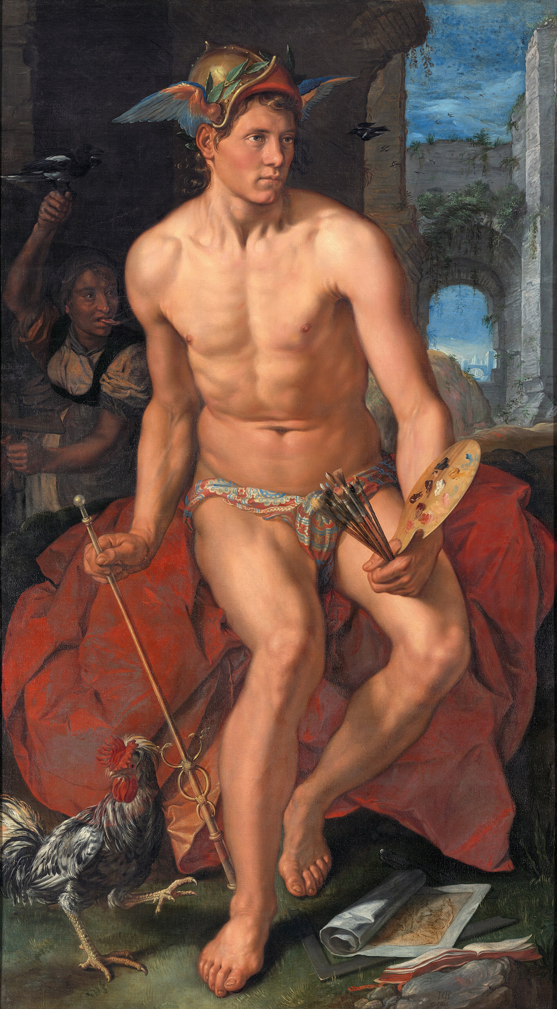 Mercury seated with winged cap, caduceus and painter’s palette