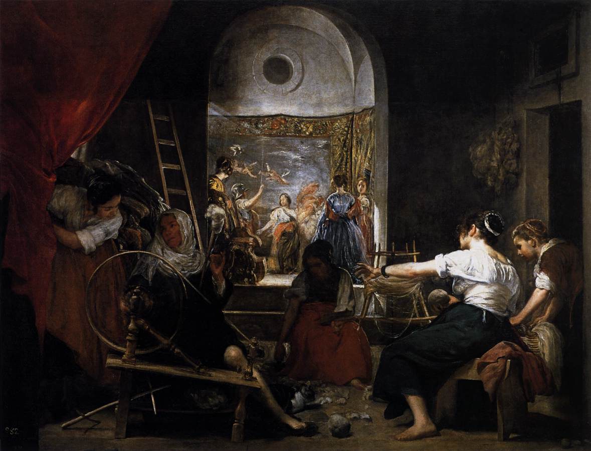 Minerva and the mortal Arachne in the weaving contest, spinners in the foreground