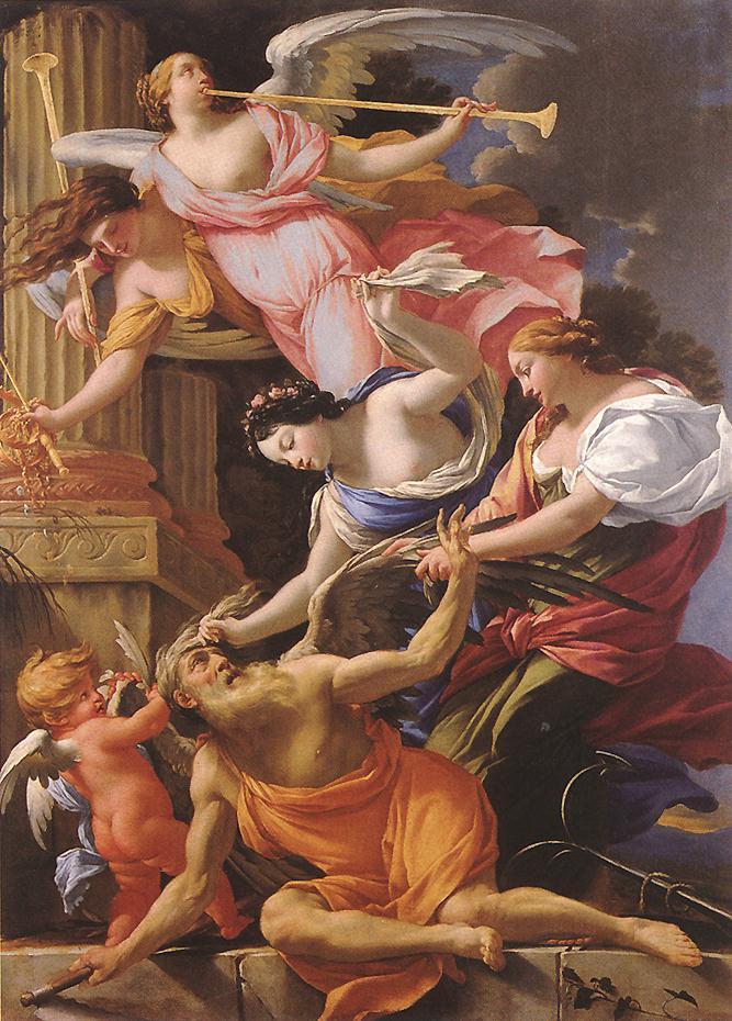 The winged, scythe-bearing Saturn overpowered by Love, Beauty and Hope