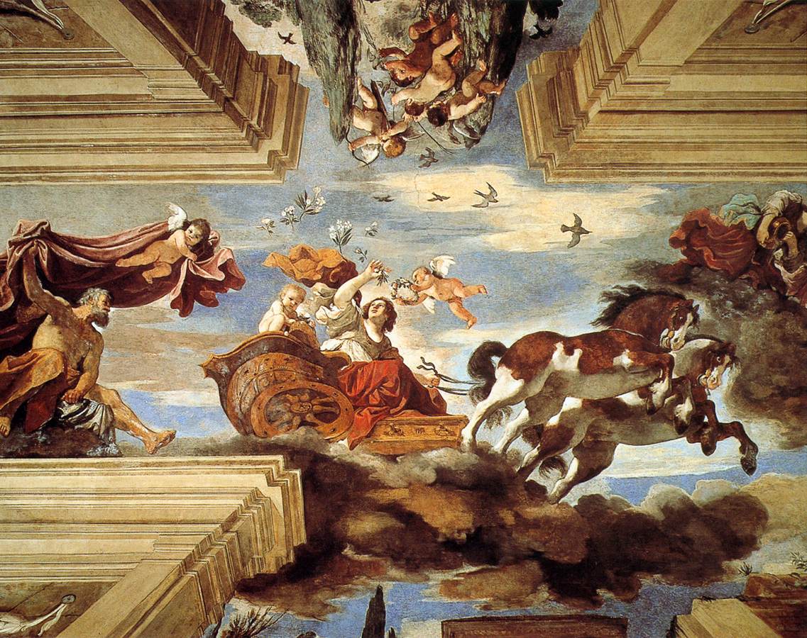 Aurora driving her chariot overhead through the dawn sky, ceiling fresco