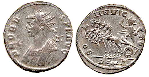 Radiate bust of Probus and Sol Invictus driving a four-horse chariot on a Roman coin