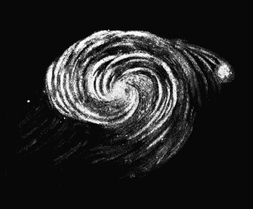 Lord Rosse's 1845 drawing of the Whirlpool Galaxy M51, showing the spiral arms and the companion galaxy at the tip of one arm, closely matching modern photographs.